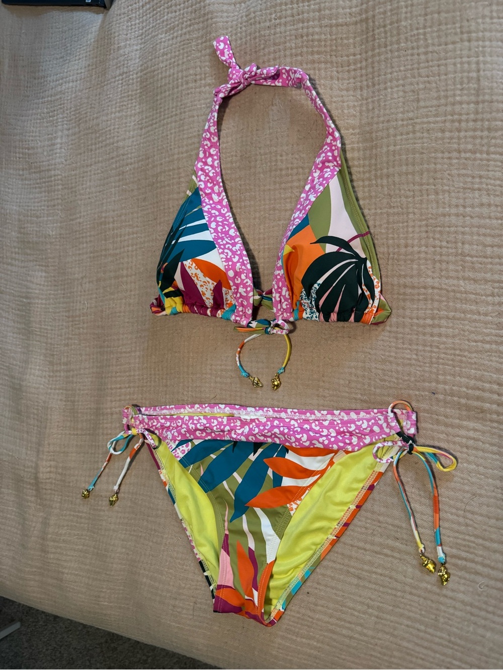 Tropical Print Two-Piece Halter Bikini - Pink Trim—size medium